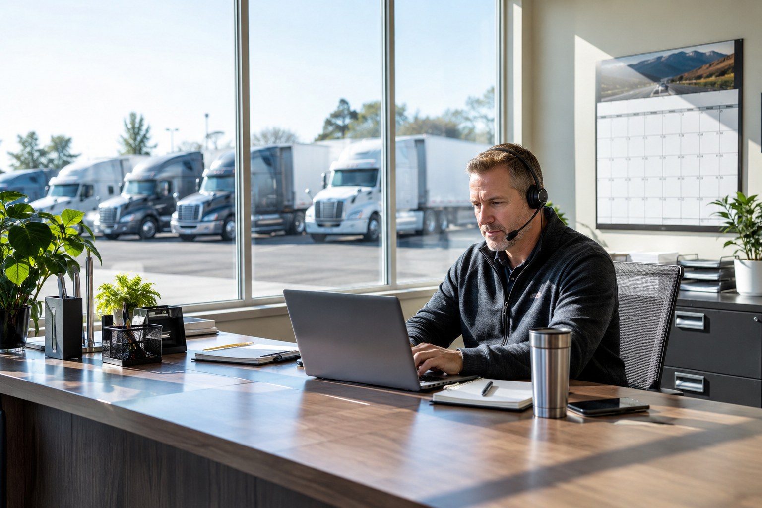 Fleet safety manager at a bright office desk working with the consortium portal on a laptop, trucks outside