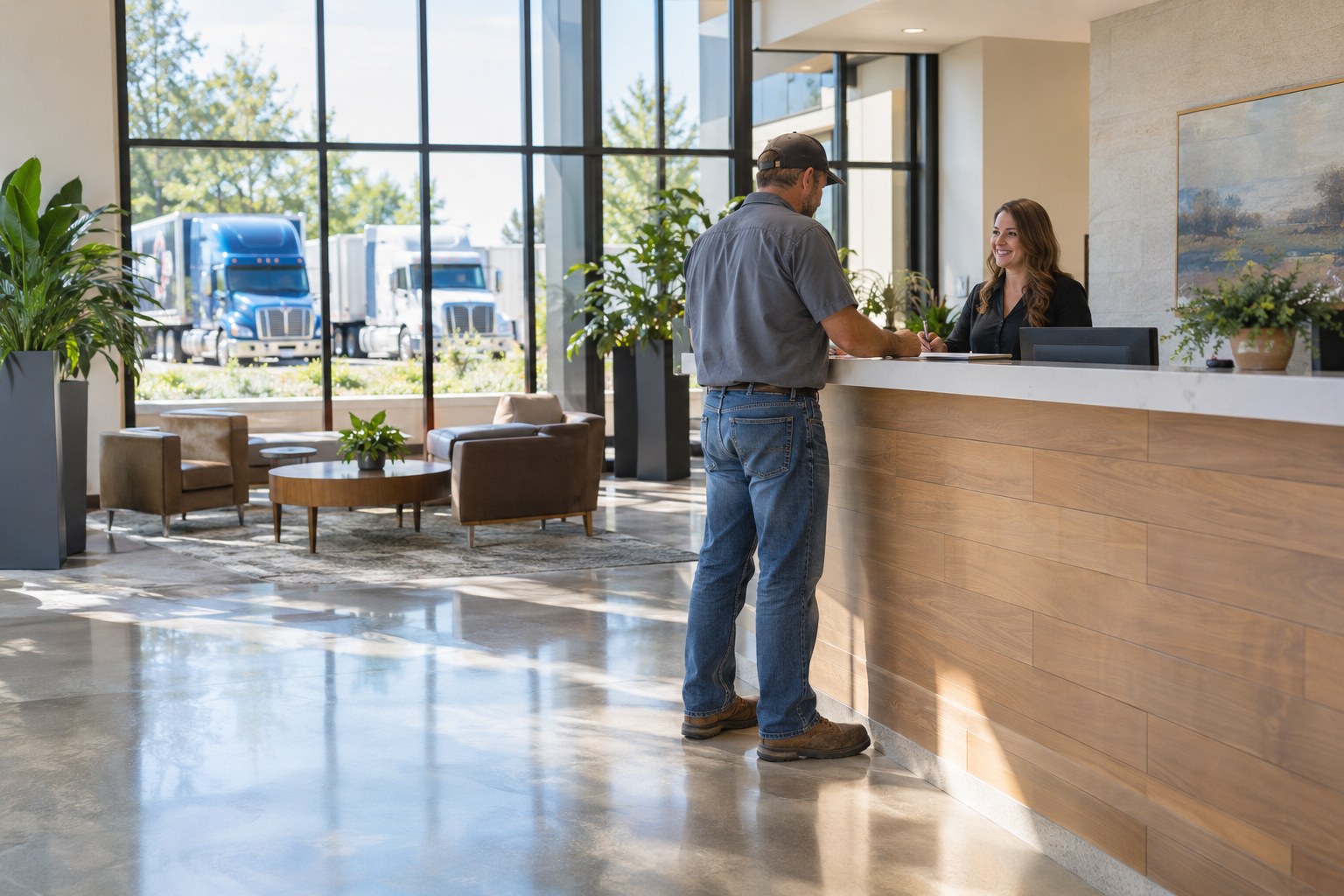 Driver checking in at the front desk of a bright, professional collection site