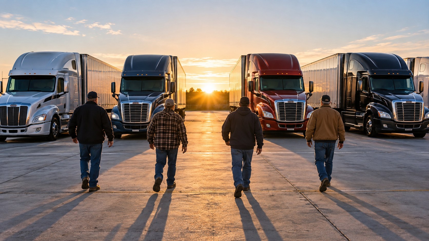 Drivers walking out to a line of trucks at sunrise, a fleet ready to roll