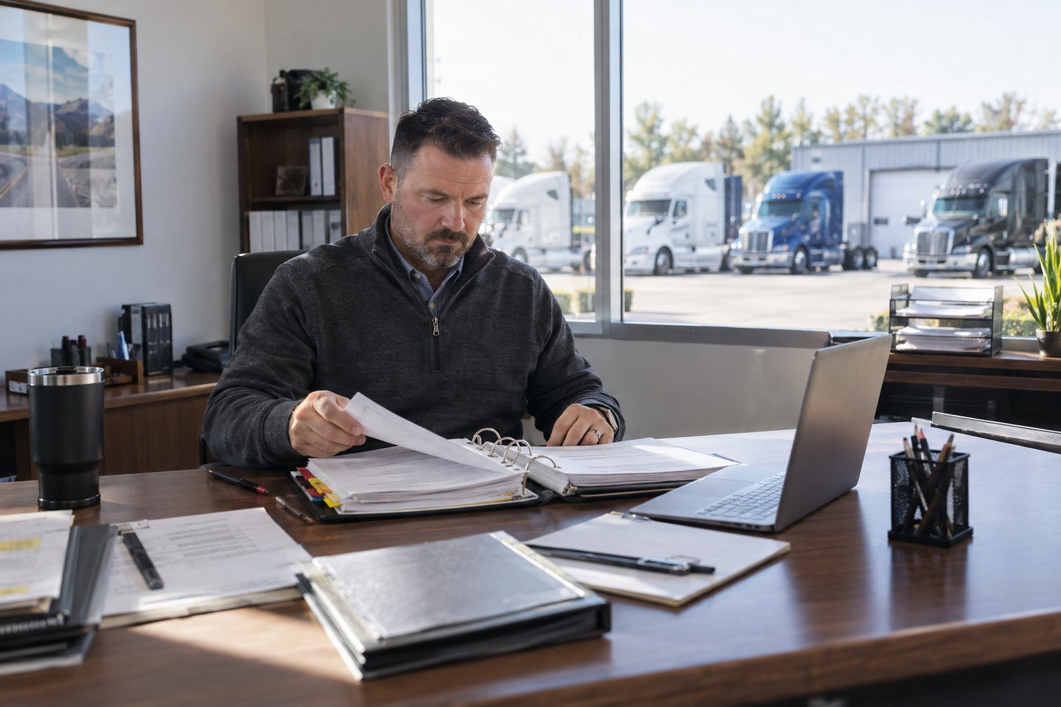 Safety manager at a bright desk with a thick binder of drug and alcohol program paperwork and a laptop